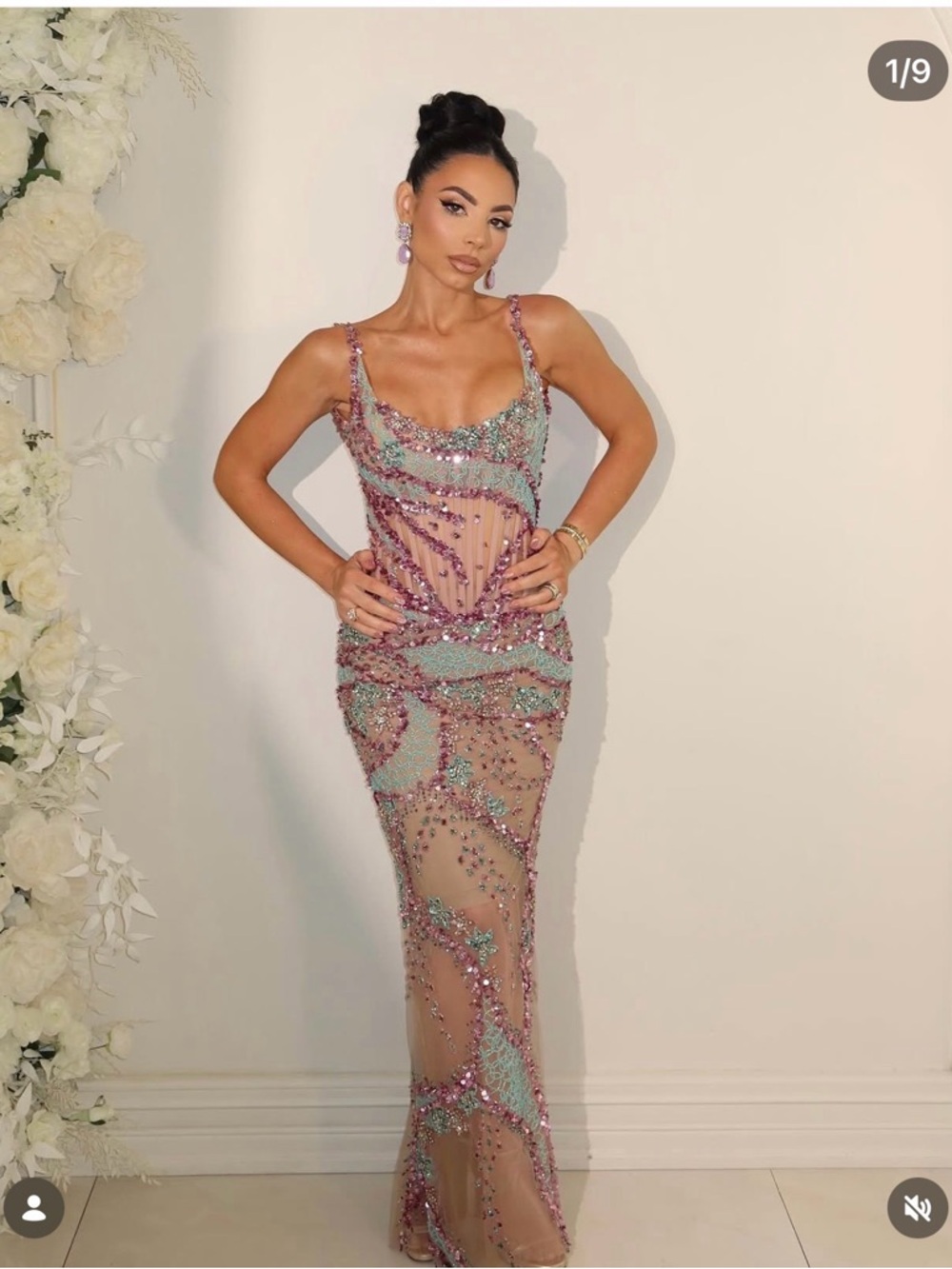 Embellished Sheer Maxi Dress in Mint & Lavender